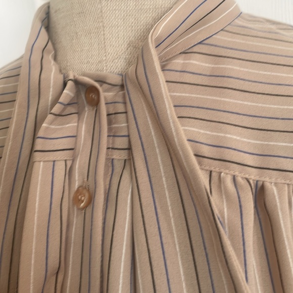 Vintage 80s Josephine button up blouse puffy 3/4 sleeves tie neck bow tan size 6 - Picture 13 of 16